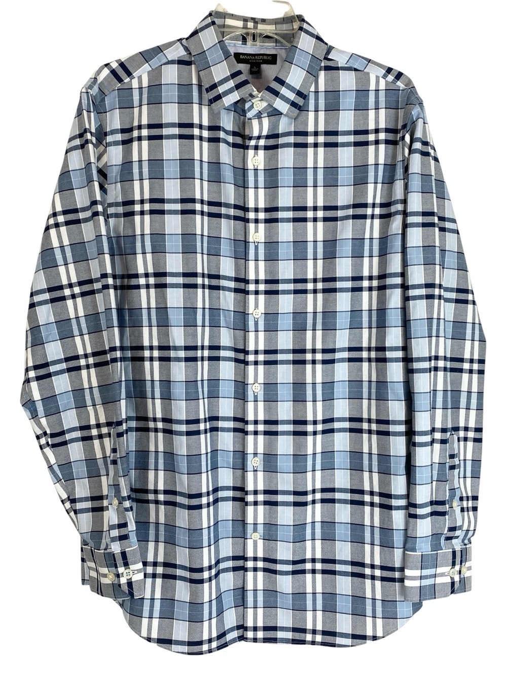 Banana Republic Grant Fit Men's Navy Plaid Button-Down No Iron  Large 16-16 1/2